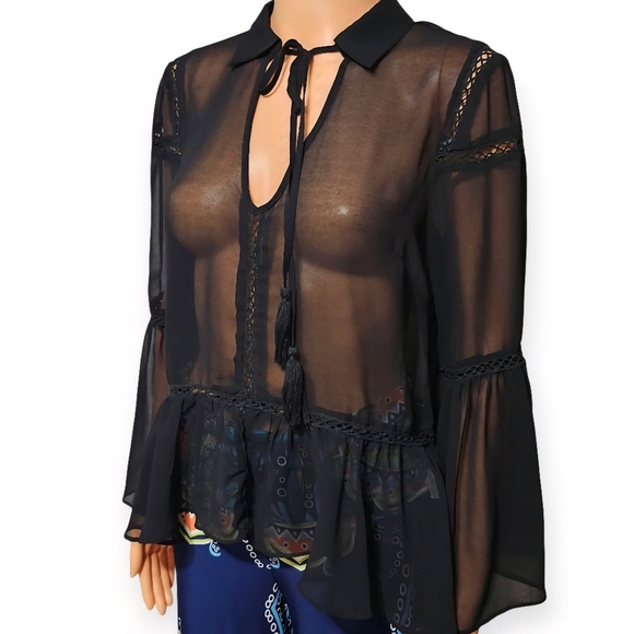 Market Black Sheer Blouse with Tie Detail - Picture 3 of 7